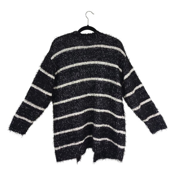 Calvin Klein Cardigan Womens Black & White Fuzzy Striped Open-Front Sweater - Picture 5 of 9